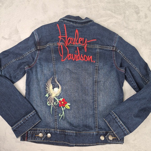 Harley Davidson Womens M Denim Jacket Embroidered Eagle Floral Biker Motorcycle - Picture 9 of 9